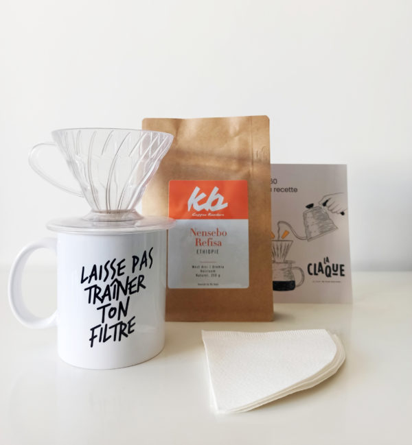 Kit Découverte avec notre mug, 250g café, des filtres, un porte filtre v60 et une carte recette