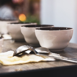 Tasting coffee in glass, Coffee cups on table for tasting..
