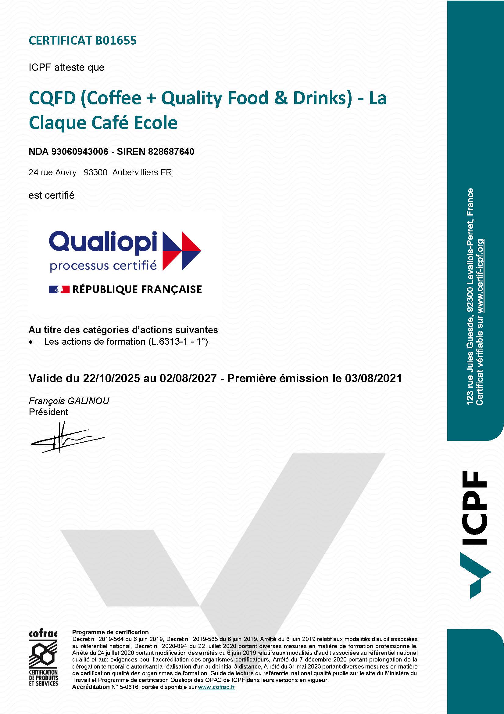 certificat-qualiop-cqfd Certification ICPF Qualiopi audit La claque CQFD